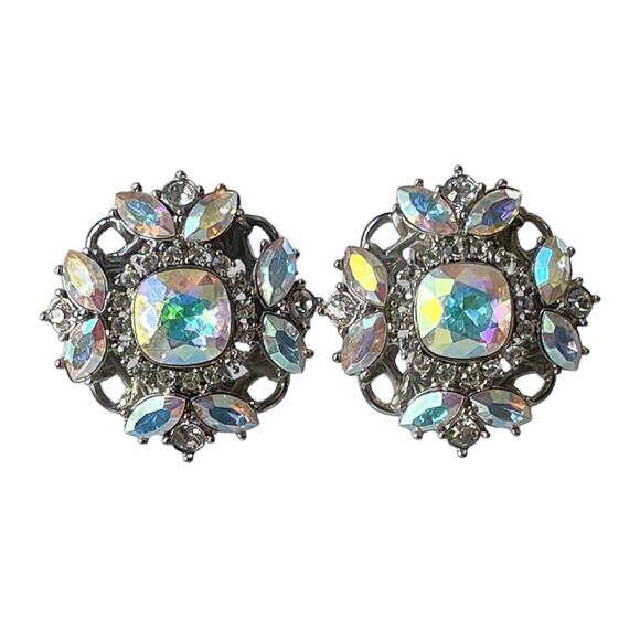 1990s Kirks Folly White Aurora Borealis Rhinestones Floral Clip On Earrings - Picture 1 of 3